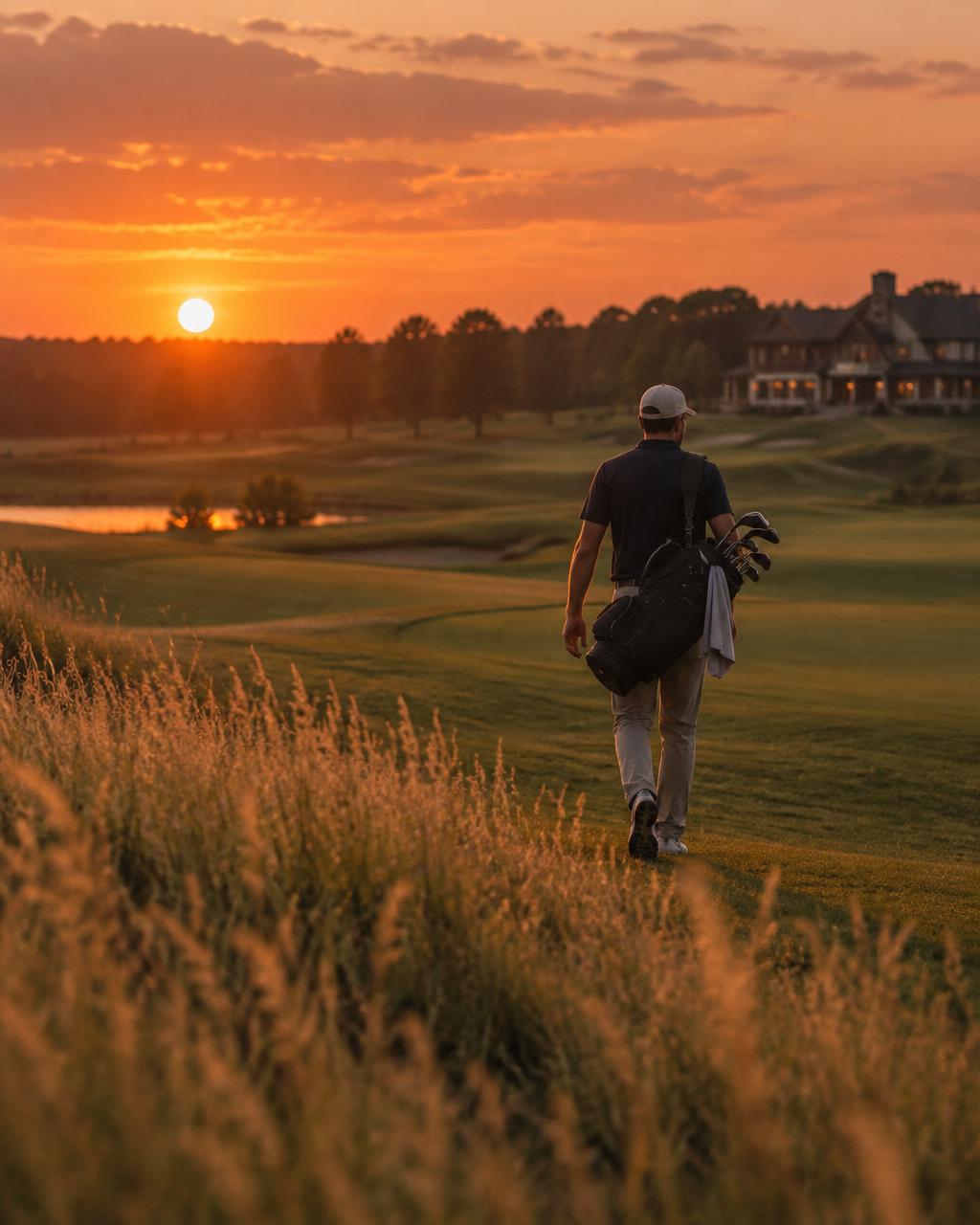A golfer walking the fairway carrying a bag at sunset